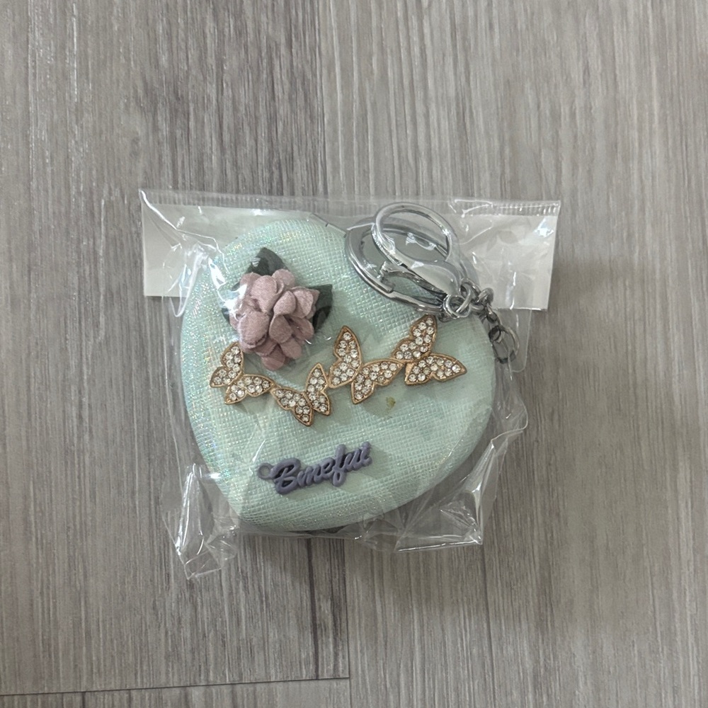Mint Heart Keychain Mirror with Floral Accent